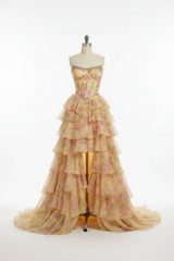 Lively Floral Strapless A-line Long Prom Dress with Split