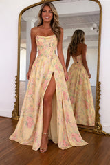 Floral Strapless Sleeveless A-line Prom Dress with Slit