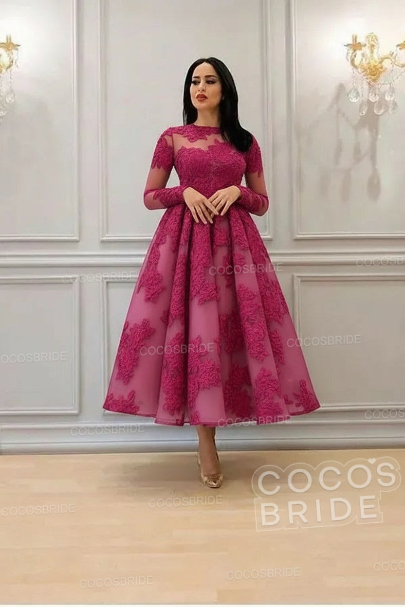 Elegant A-line High Neck Lace Formal Evening Dress with Sleeves