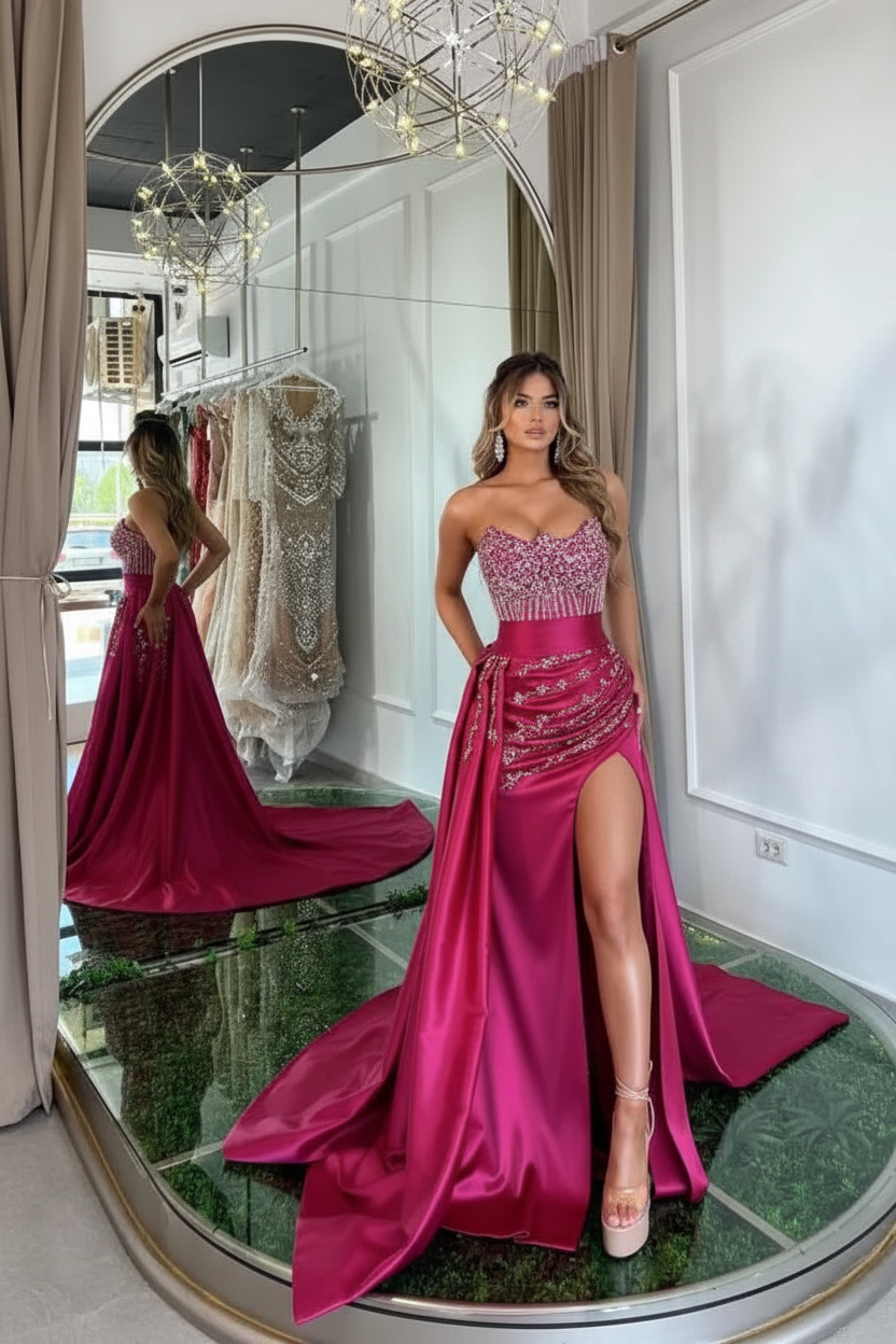 Luxury Mermaid Sweetheart Satin Long Beading Prom Dress with Split