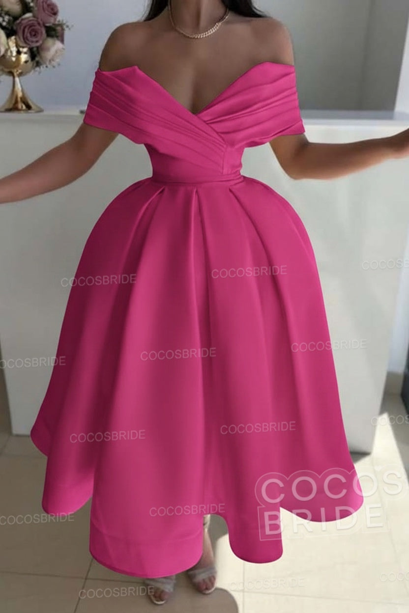 Off the Shoulder A-Line Satin Prom Dress with Pleated