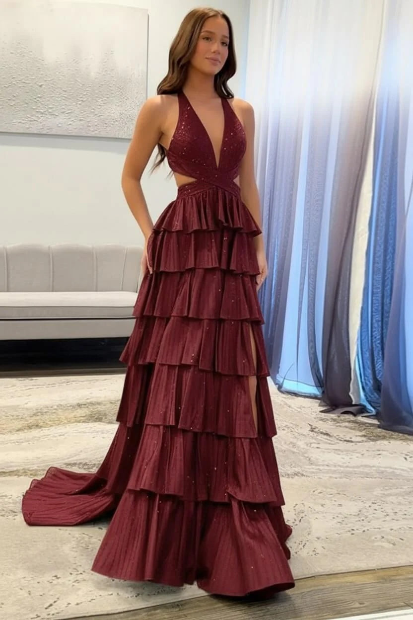 Sexy Sleeveless Halter A-line Long Prom Dress with Slit