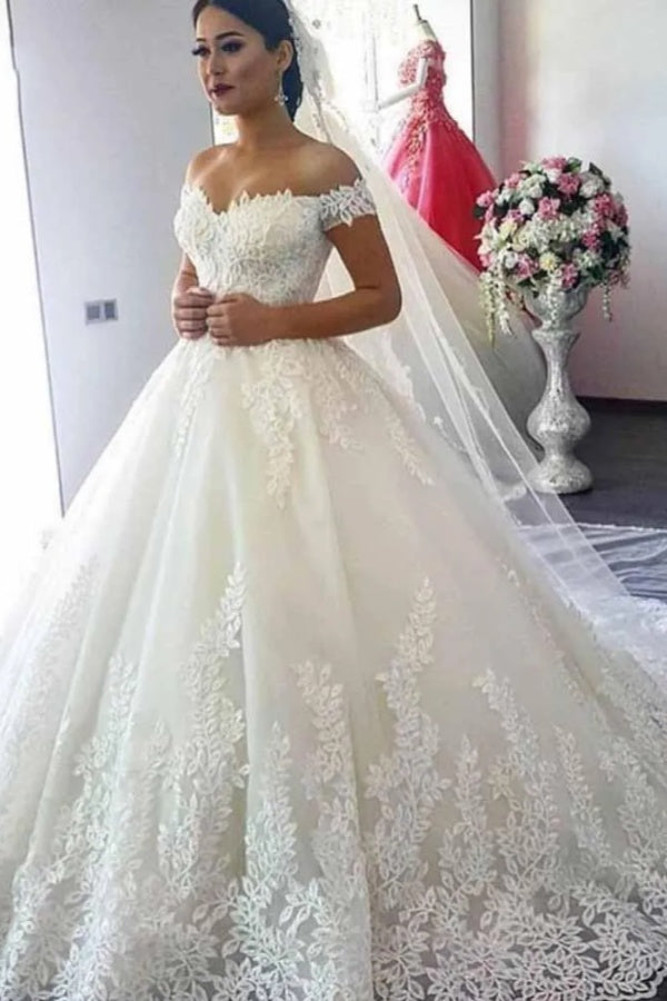 Glamorous Long Tulle Off the Shoulder Beads Ball Gowns Wedding Dresses