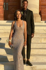 Glitter Long Mermaid Sleeveless Sequined Formal Prom Dress