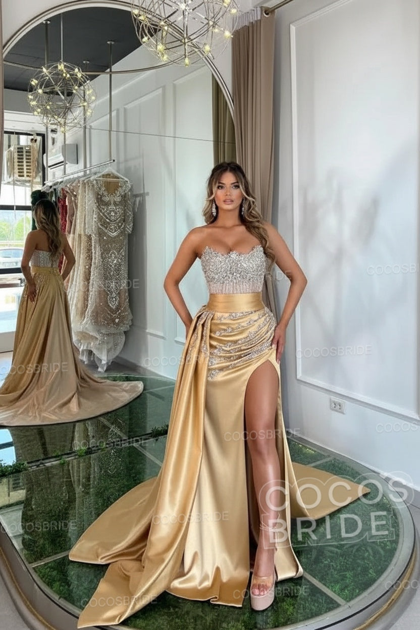 Luxury Mermaid Sweetheart Satin Long Beading Prom Dress with Split