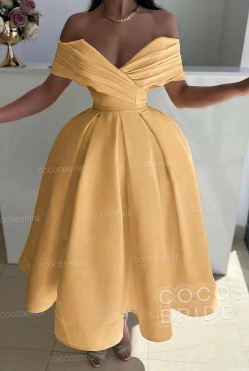 Off the Shoulder A-Line Satin Prom Dress with Pleated