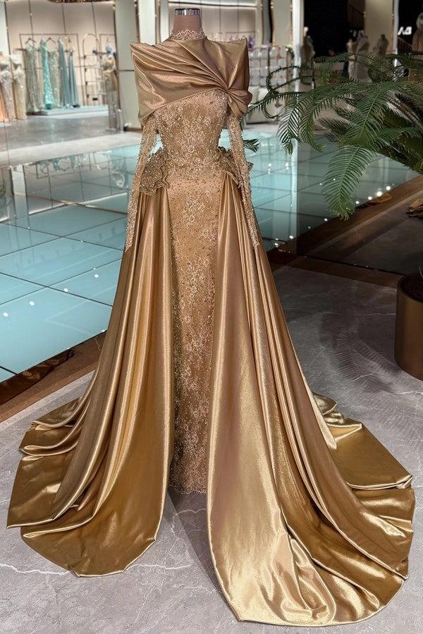 Golden Long Sleeves Mermaid Lace Evening Dress with Drape