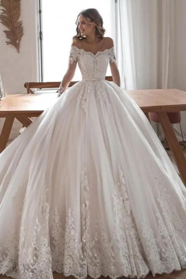 Long Off the Shoulder Ball Gown Lace Tulle Wedding Dresses with Long Sleeves