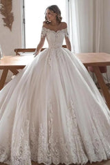 Long Off the Shoulder Ball Gown Lace Tulle Wedding Dresses with Long Sleeves