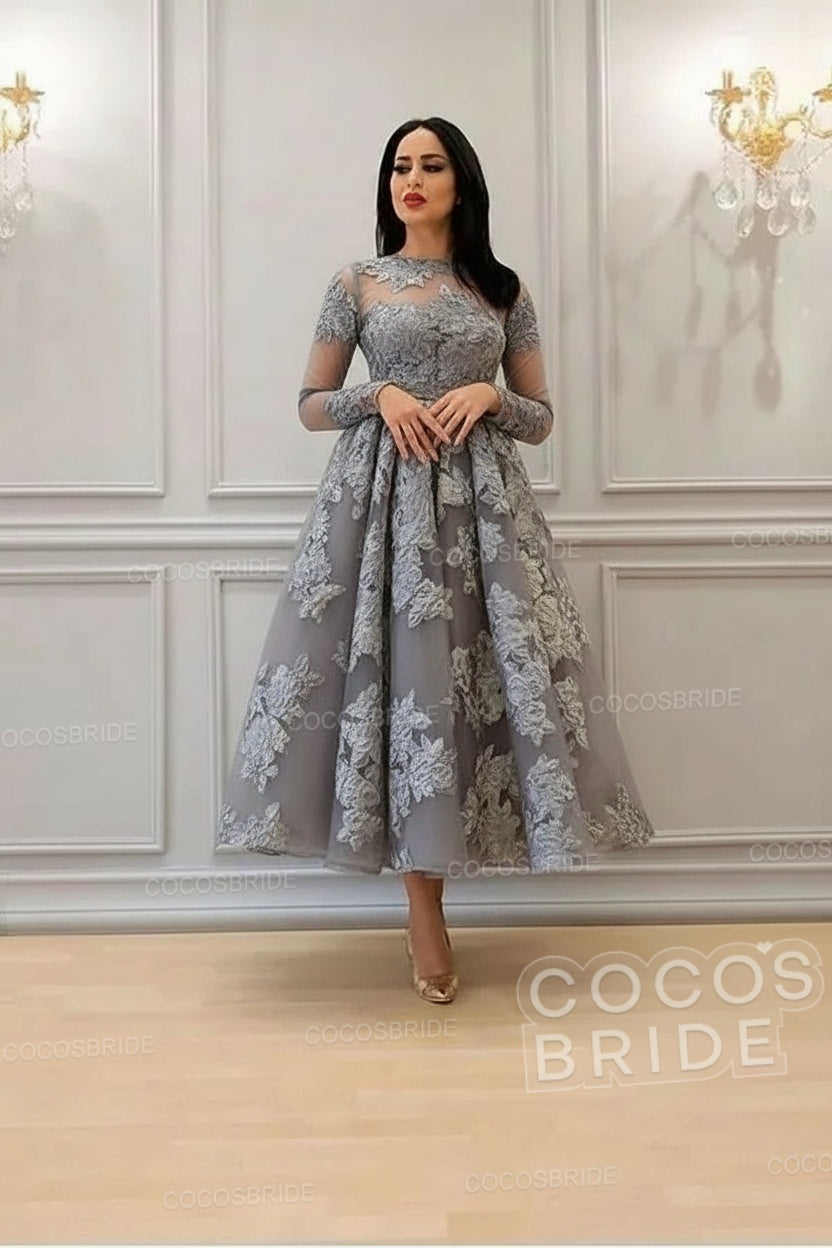 Elegant A-line High Neck Lace Formal Evening Dress with Sleeves