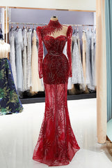 High Neck Long Sleeve Mermaid Tulle Appliques Floor Length Prom Dress