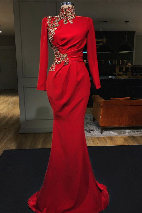 High Neck Long Sleeves Beading Floor Length Mermaid Prom Dress