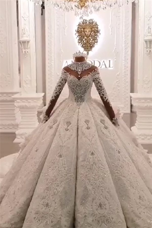 High Neck Train Long Sparkle Applique Satin Ball Gown Wedding Dresses with Sleeves