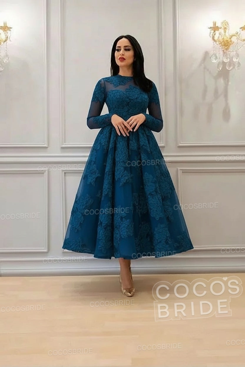 Elegant A-line High Neck Lace Formal Evening Dress with Sleeves