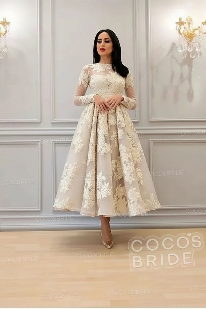 Elegant A-line High Neck Lace Formal Evening Dress with Sleeves