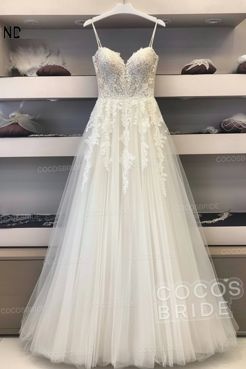 Long A-line Sweetheart Tulle Lace Wedding Dresses