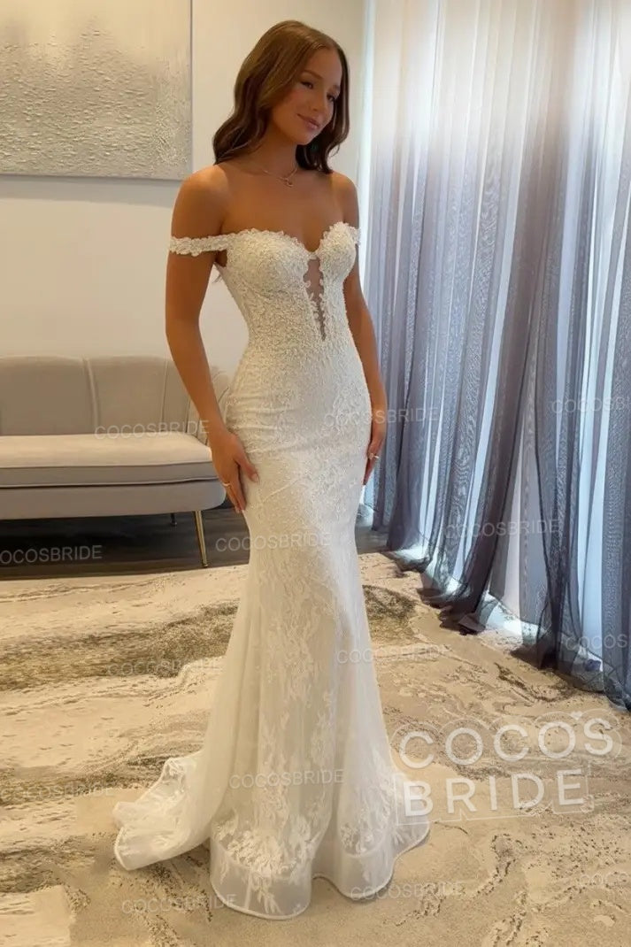 Dark Navy Long Mermaid Off the Shoulder Lace Prom Dress