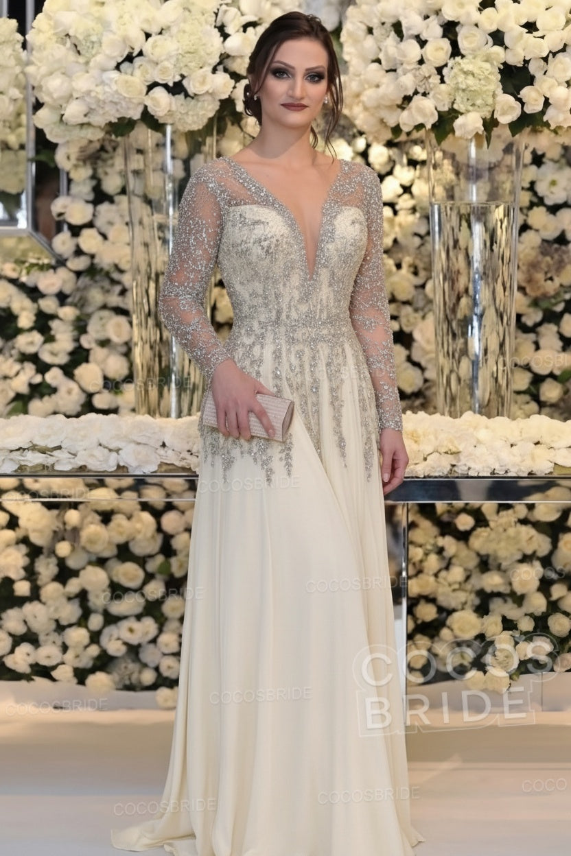 Long Sleeve Floor Length A-line Mother Of Bride Dress With Beading