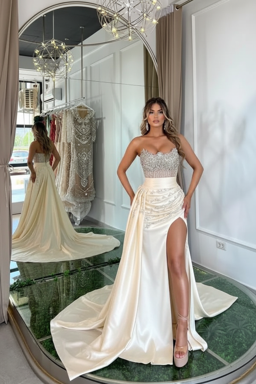 Luxury Mermaid Sweetheart Satin Long Beading Prom Dress with Split