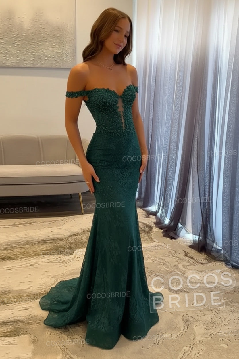 Dark Navy Long Mermaid Off the Shoulder Lace Prom Dress