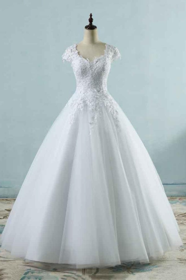 Lace White Cap Sleeves Ball Gown Tulle Wedding Dresses