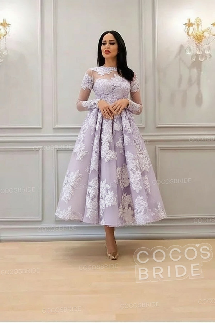 Elegant A-line High Neck Lace Formal Evening Dress with Sleeves