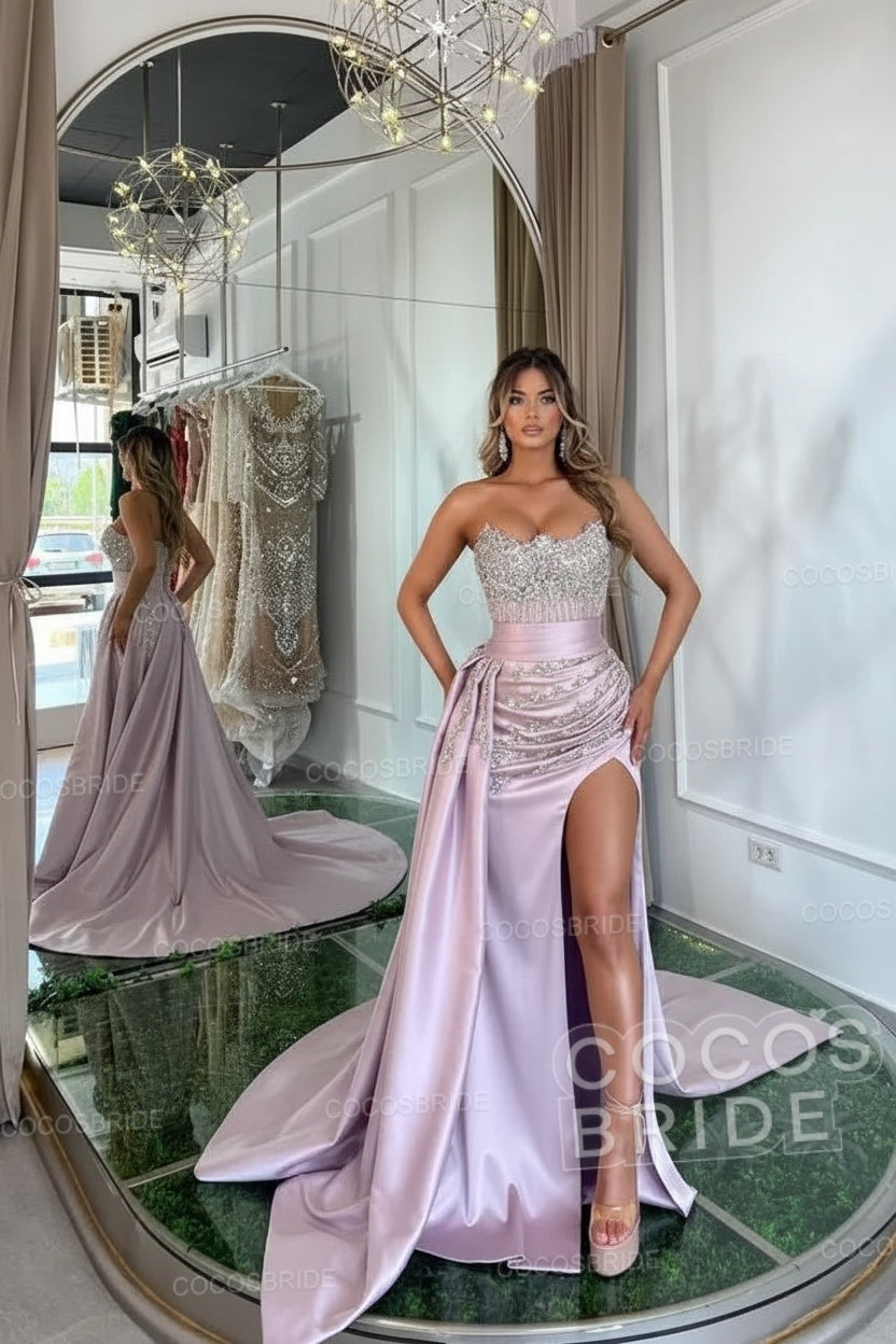 Luxury Mermaid Sweetheart Satin Long Beading Prom Dress with Split