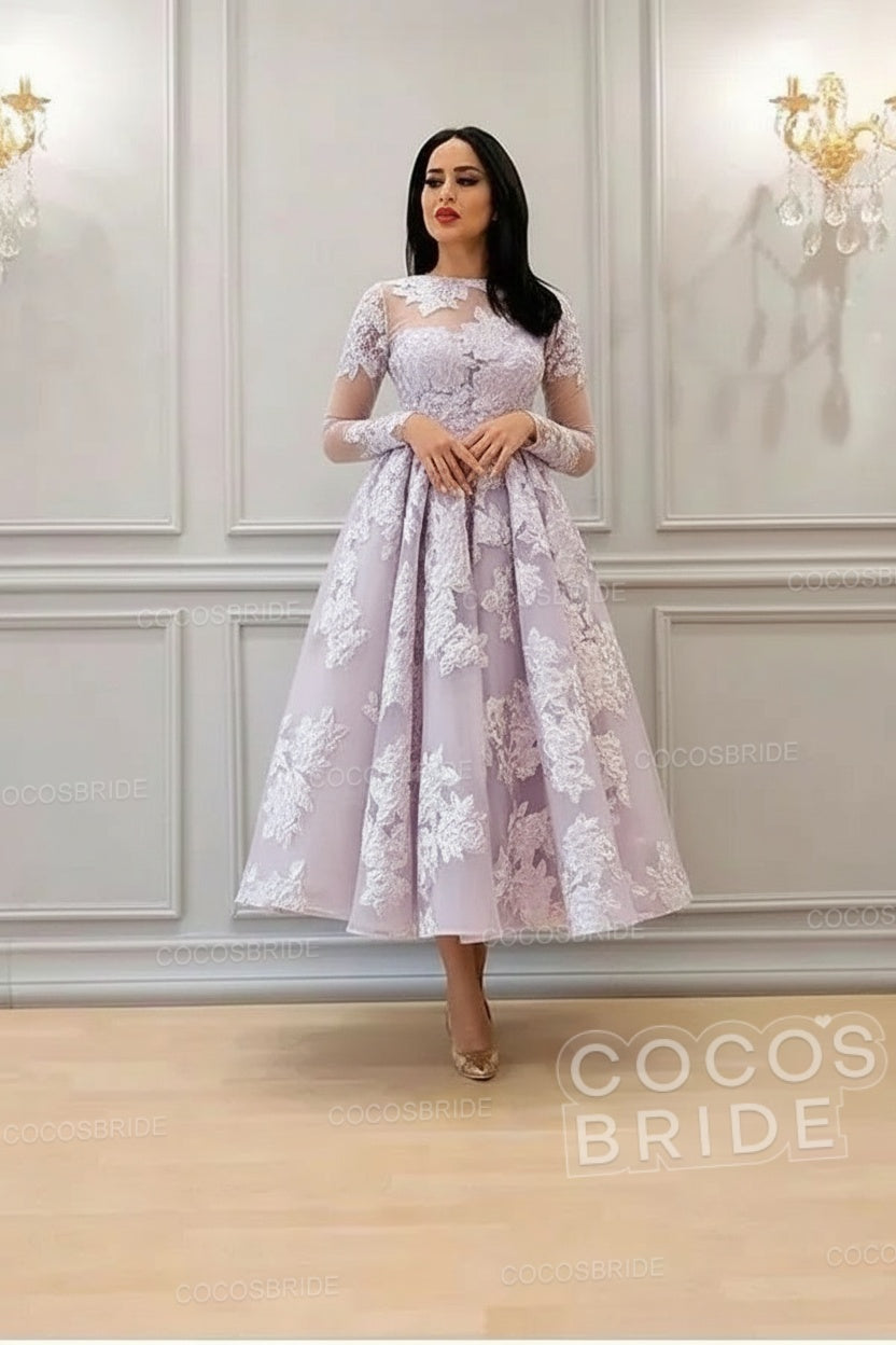 Elegant A-line High Neck Lace Formal Evening Dress with Sleeves