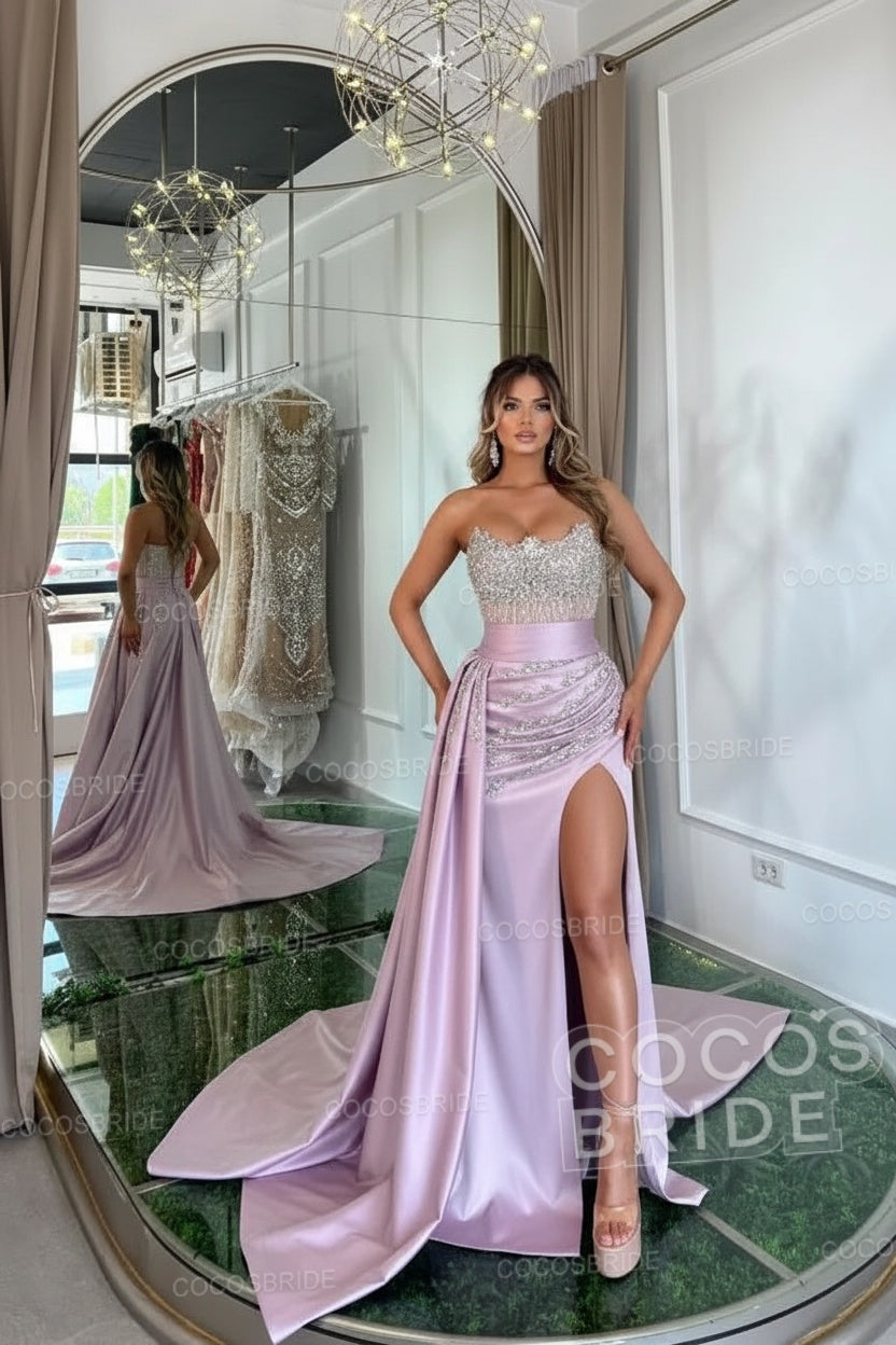 Luxury Mermaid Sweetheart Satin Long Beading Prom Dress with Split