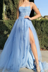 Long A-Line Spaghetti Straps Appliques Lace Tulle Prom Dress With Side Slit