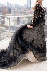 Long A-Line V Neck Court Train Lace Tulle Black Wedding Dresses with Sleeves