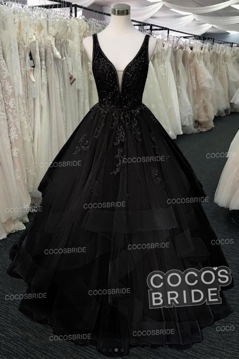 Long A-line Tulle V Neck Open Back Long Layered Wedding Dress