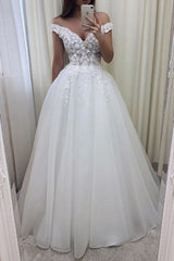 Long A-line V-neck Off the Shoulder Tulle Lace White Wedding Dresses