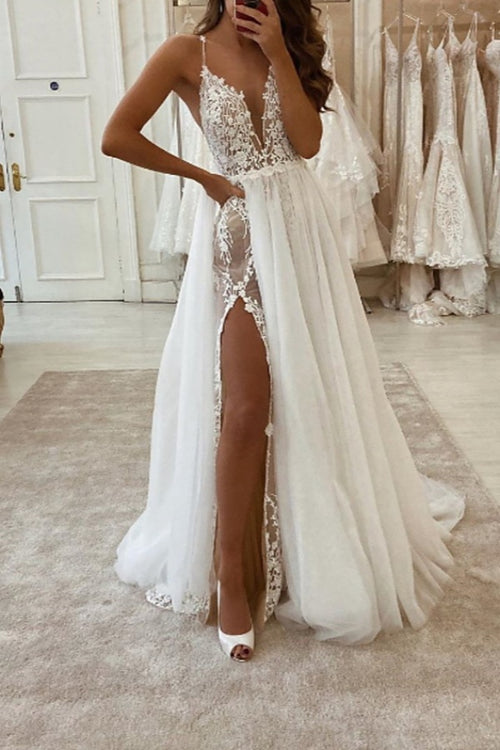 Long A-line V-neck Spaghetti Strap Tulle Chiffon Wedding Dresses with Slit