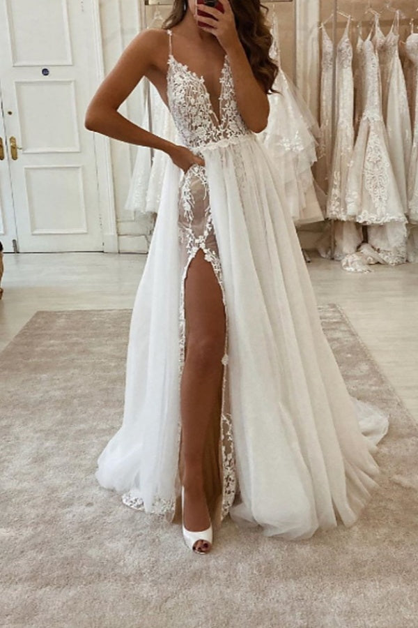 Long A-line V-neck Spaghetti Strap Tulle Chiffon Wedding Dresses with Slit
