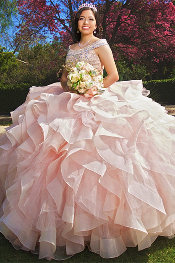 Long Bateau Organza Tulle Beaded Ball Gown Quinceanera Dress