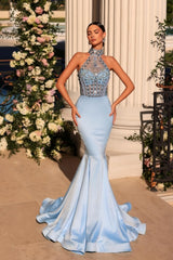 Long Halter Mermaid Floor Length Satin Prom Dress with Appliques
