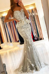 Long Mermaid Appliques Lace Sweetheart Tulle Prom Dresses