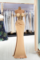 Long Mermaid Off The Shoulder Satin Sweetheart Prom Dress with Split Side