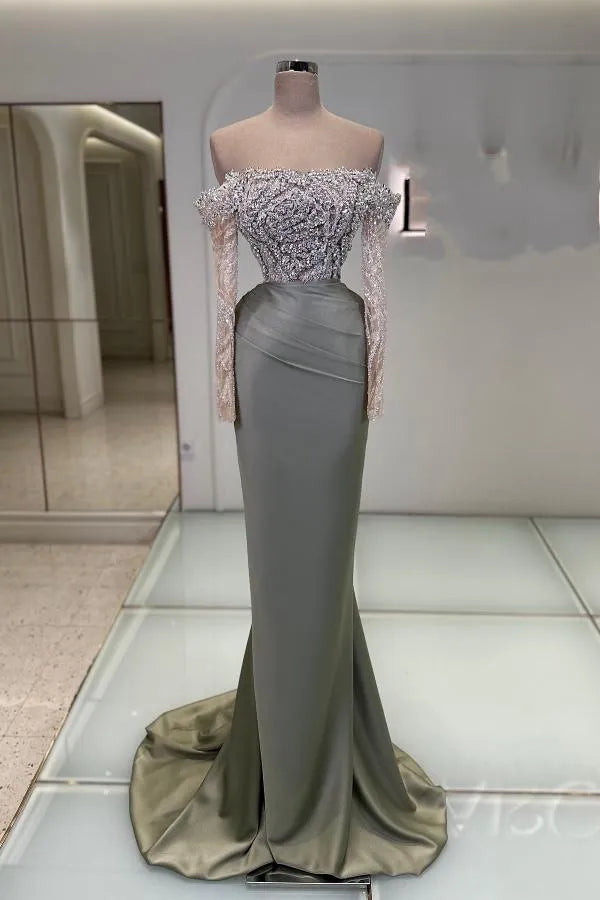 Long Mermaid Off the Shoulder Satin Beadings Prom Dresses with Sleeves