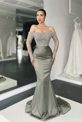 Long Mermaid Off the Shoulder Satin Prom Dress with Sleeves
