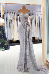 Long Mermaid Off the Shoulder Sweetheart Lace Beading Prom Dress with Cap sleeves