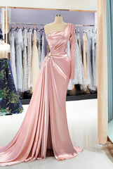 Long Mermaid One Shoulder Satin Front Slit Prom Dress with Sleeves