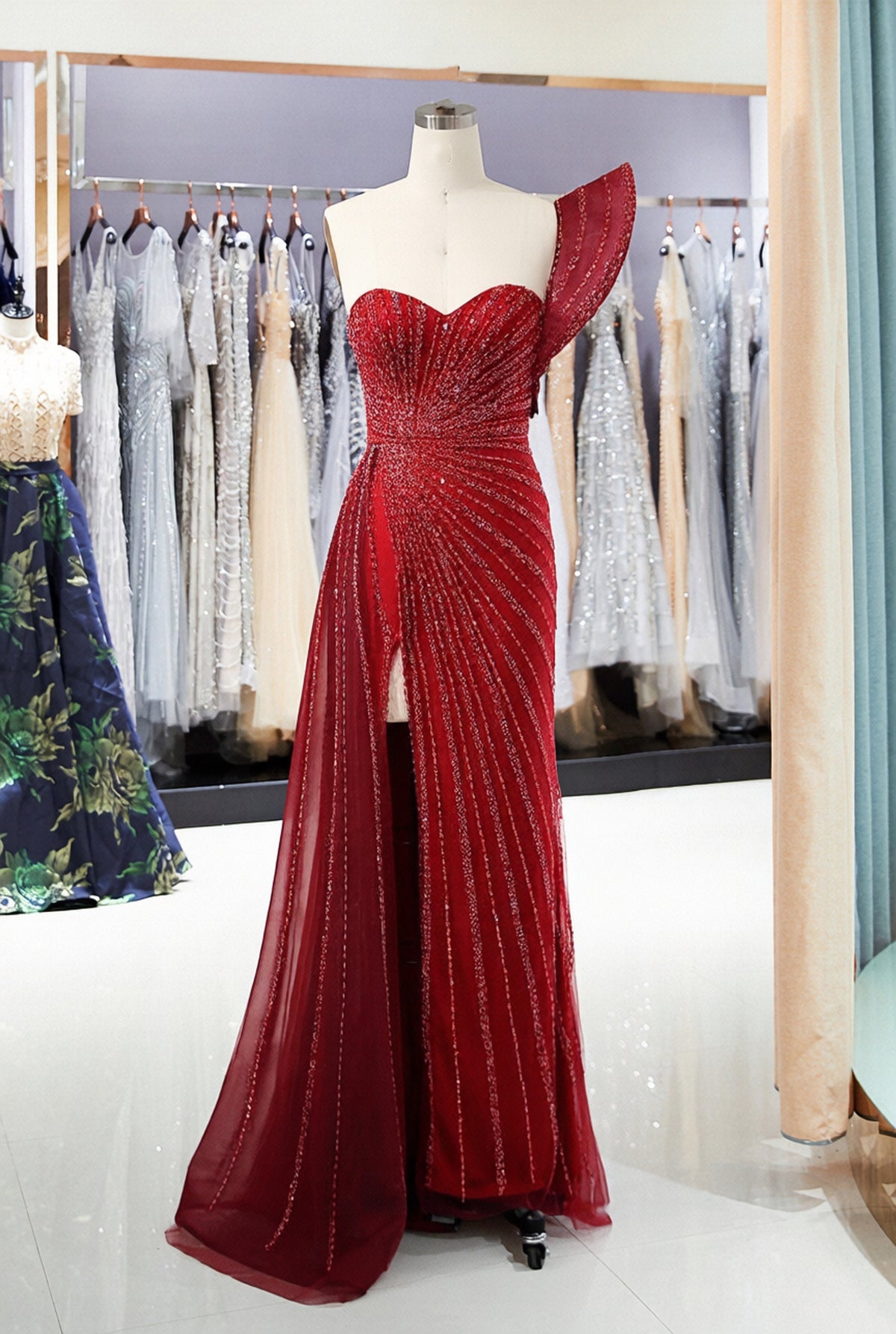 Long Mermaid One Shoulder Sweetheart Sequined Formal Evening Dress with High Split