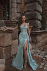 Long Mermaid Sweetheart Sleeveless Beads Formal Prom Dresses with Slit