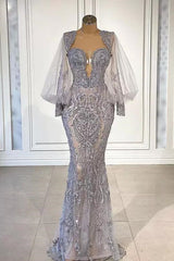 Long Mermaid Sweetheart Tulle Lace Evening Dresses with Puffy Sleeves