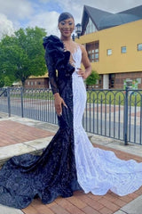 Long Mermaid V-neck One Shoulder Prom Dress with Sleeves