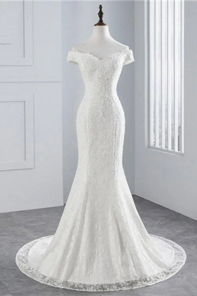 Long Off the Shoulder Beading Appliques Lace-up Mermaid Wedding Dresses
