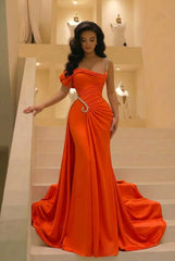 Satin Strapless One Shoulder Beaded Long Mermaid Prom Dress