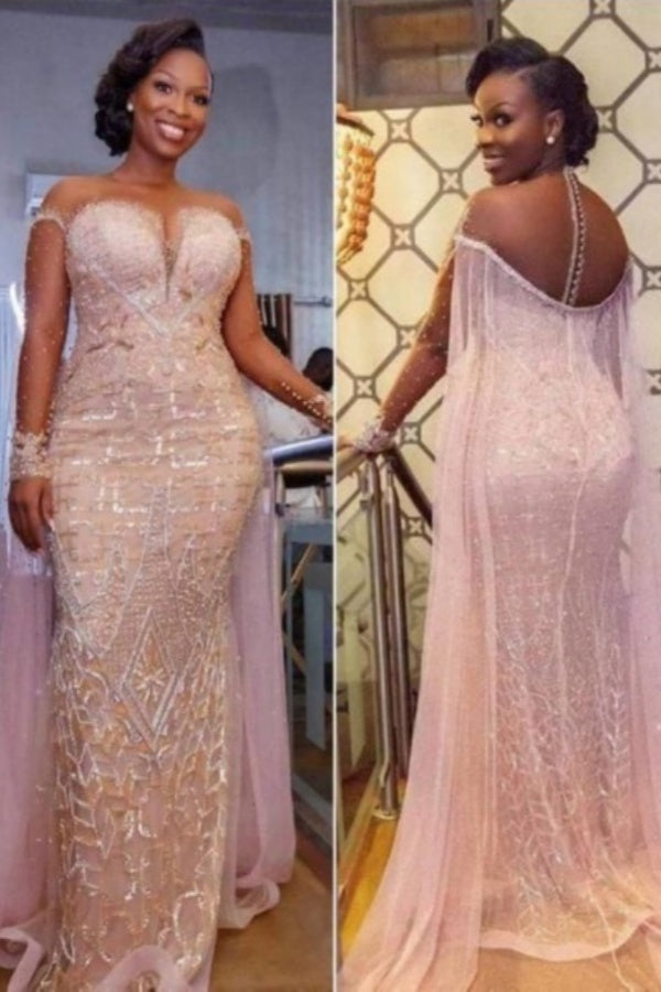 Long Sleeve Appliques Lace Floor Length Mermaid Formal Evening Dress With Cape
